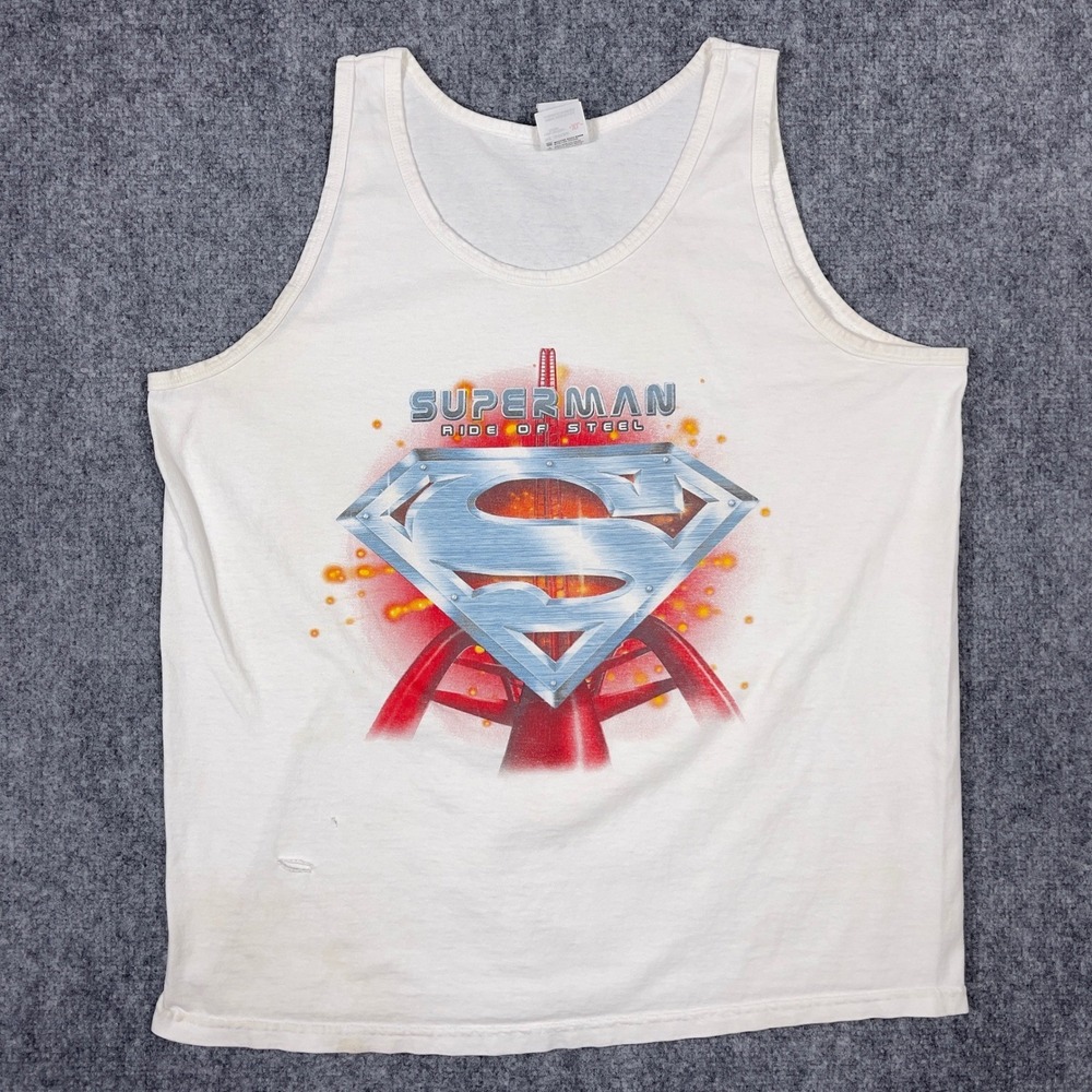 Superman Six Flags Ride of Steel Tank Top Mens XL White Graphic Roller Coaster